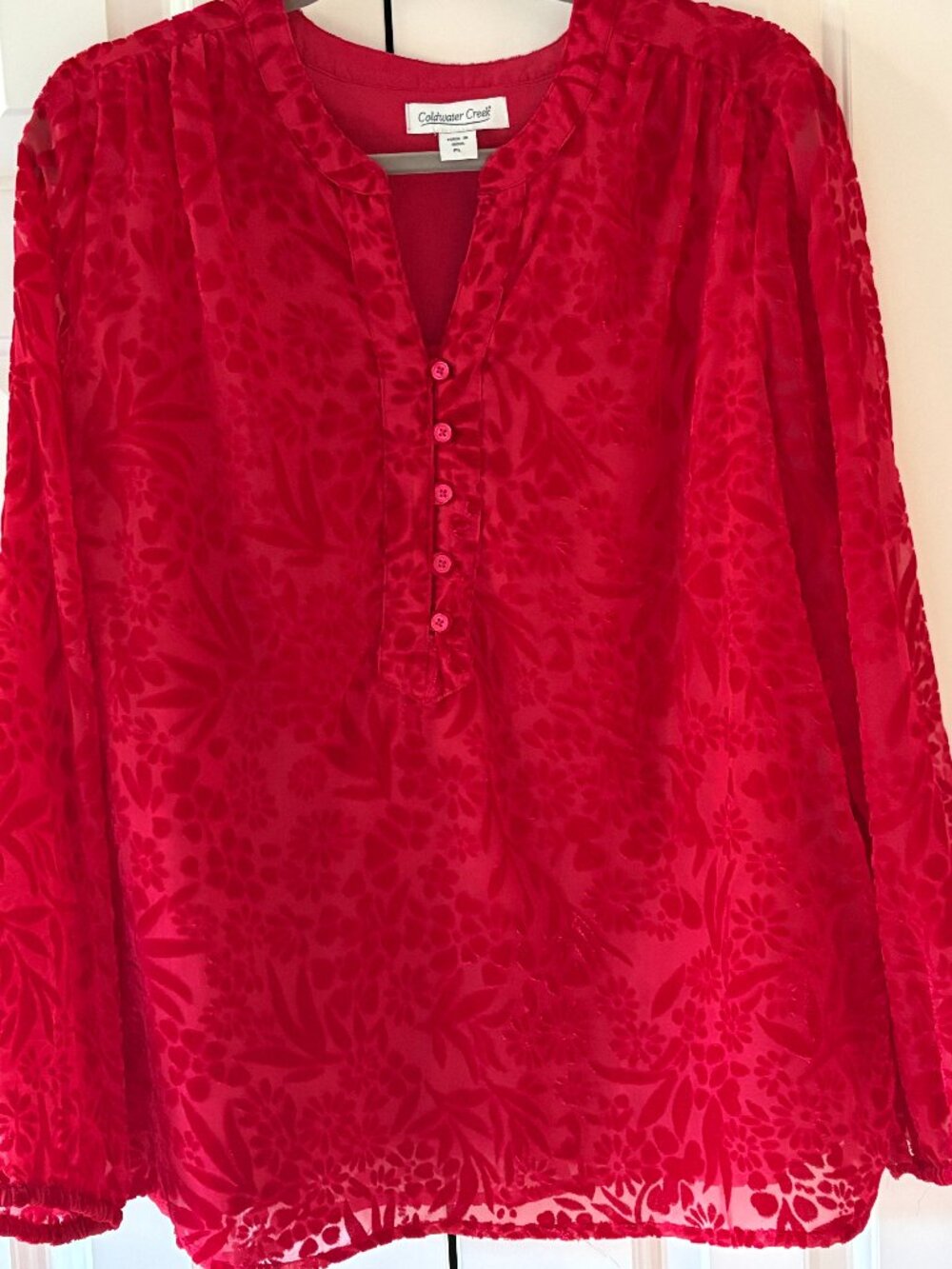 Coldwater Creek Red Burnout Velvet Boho Top Peasant Blouse Sz LP